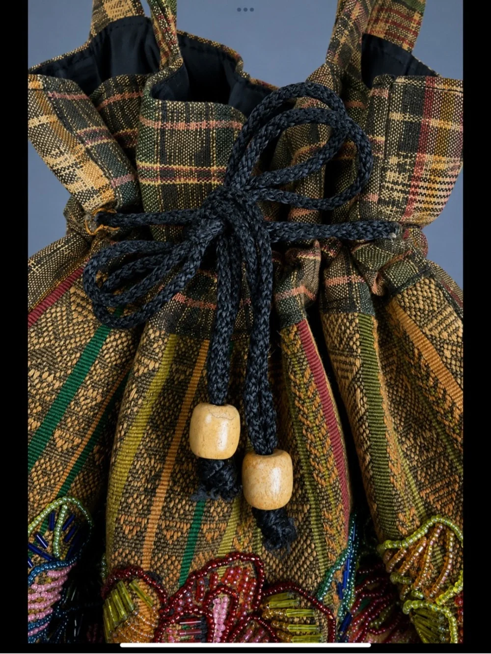 Artisan Beaded Floral Tote Bag Drawstring Purse Boho Embroidered Lined Handbag